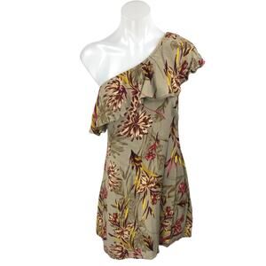 ASTR The Label Beige Floral One Shoulder Ruffle Tropical A Line Mini Dress Sz M